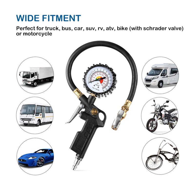 CZC AUTO Tire Inflator Deflator Air Pressure Gauge with Rubber Hose, 2-1/2" Dial Wheel Inflator Gage with Straight Brass Lock-on Chuck Compatible with Air Pump Compressor for RV Car Motorcycle Bike - Image 5
